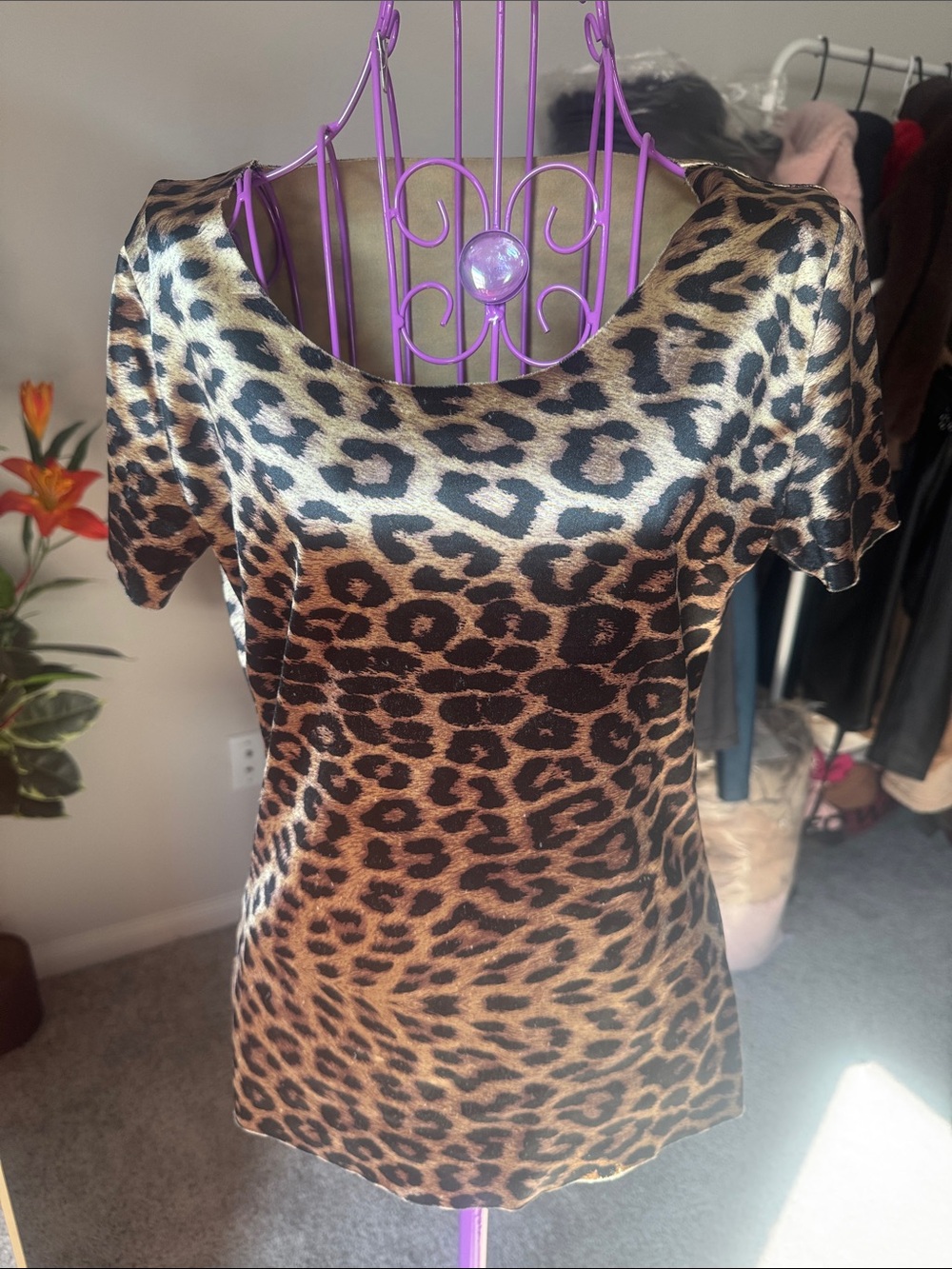 Source Unknown Leopard Print Satin Scoop Neck Top - Brown/Black